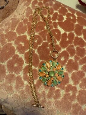 Gold-Tone Floral Pendant Necklace with Green, Peach and Teal Accents